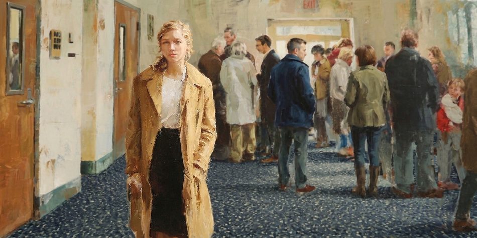 One woman stands apart as others gather nearby in a church foyer, reflecting themes of disaffection discussed in "Torn", and this "Torn" book review.