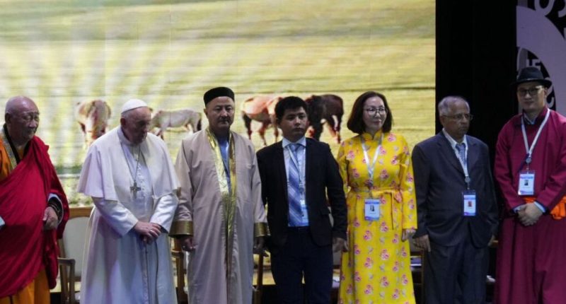 Tuvshin Gombo at an interfaith event with Pope Francis, representing the prominence of Latter-day Saint women.