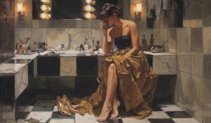 A woman alone after celebration conveys the emptiness behind performance and false liberation in The Secret Lives of Mormon Wives.