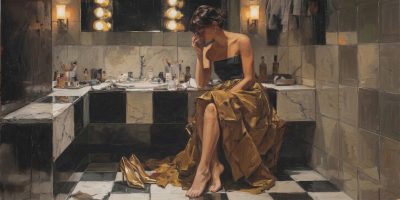 A woman alone after celebration conveys the emptiness behind performance and false liberation in The Secret Lives of Mormon Wives.