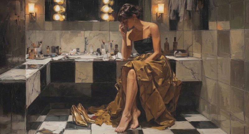 A woman alone after celebration conveys the emptiness behind performance and false liberation in The Secret Lives of Mormon Wives.