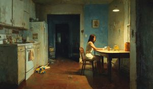 A single sits alone in a messy kitchen, overwhelmed by her responsibilities, evoking sexual violence risk factors such as raising young children without adequate support.