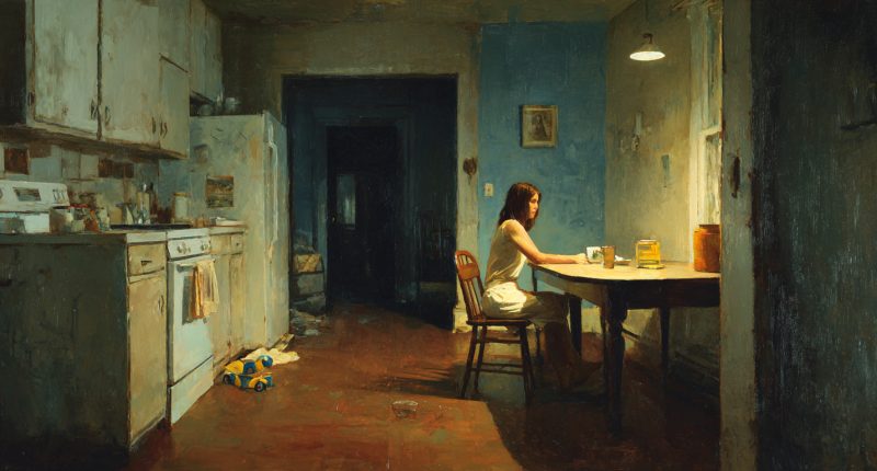 A single sits alone in a messy kitchen, overwhelmed by her responsibilities, evoking sexual violence risk factors such as raising young children without adequate support.