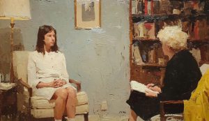 A young woman sits in a counseling session. Supporting the healing of mental health challenges is one one step in sexual violence prevention.