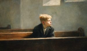 A teenage boy sits alone in a chapel, reflecting the loneliness and faith of unanswered prayers.