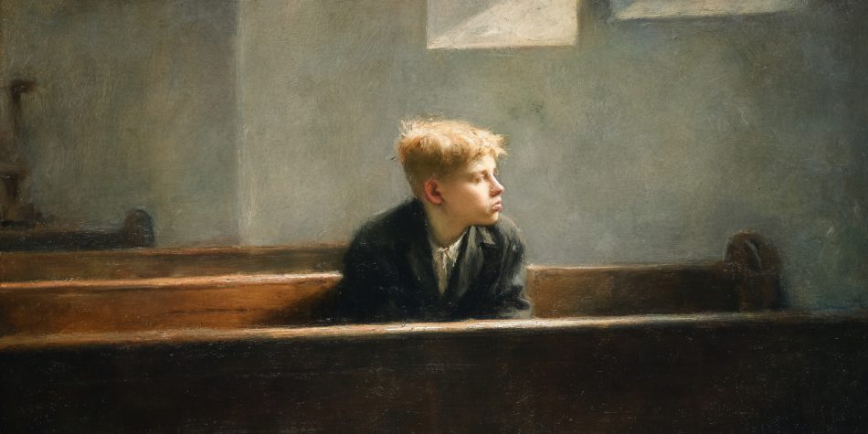 A teenage boy sits alone in a chapel, reflecting the loneliness and faith of unanswered prayers.