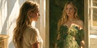 A contemporary young woman looks into a mirror and sees herself reflected as Eve in a modest fig-leaf covering, evoking body shame and identity.