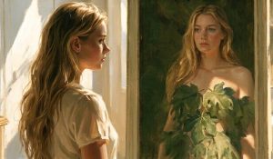 A contemporary young woman looks into a mirror and sees herself reflected as Eve in a modest fig-leaf covering, evoking body shame and identity.