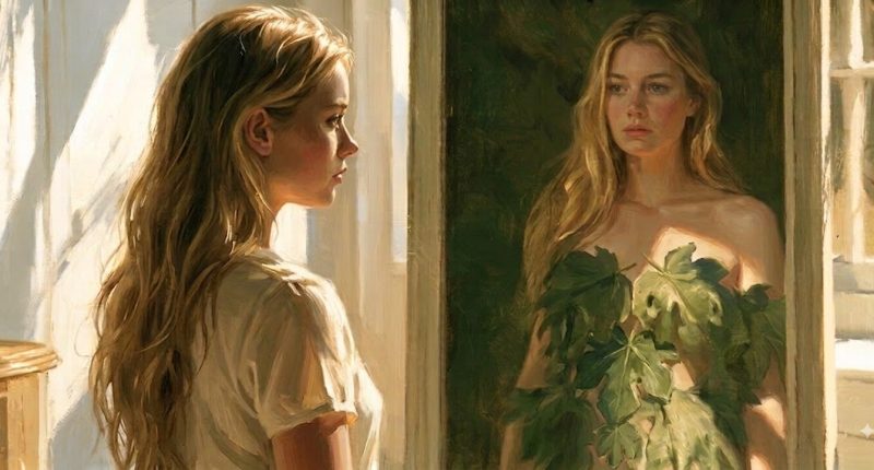 A contemporary young woman looks into a mirror and sees herself reflected as Eve in a modest fig-leaf covering, evoking body shame and identity.