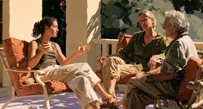 Three generations share a conversation, illustrating women’s agency and the wisdom to choose well.