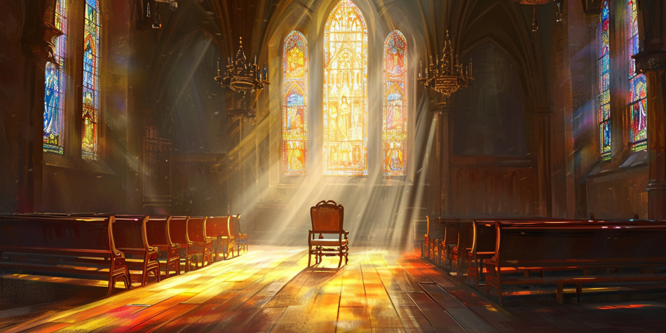 A peaceful church interior with a focus on an empty chair for the Communications Director, symbolizing Aaron Sherinian's new role