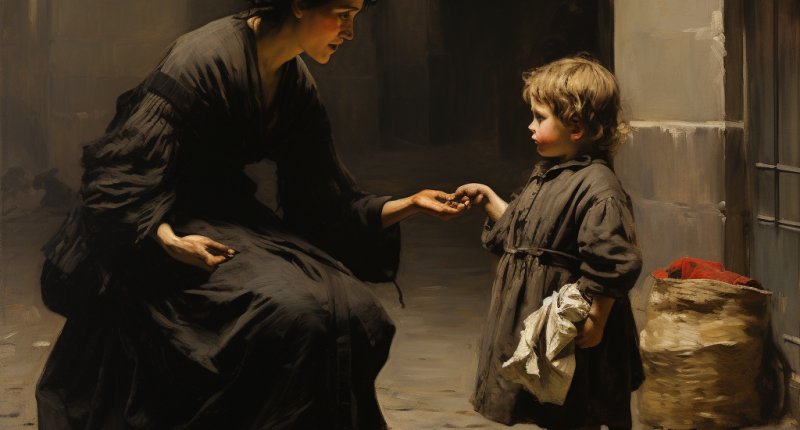 A woman gives to a begging child representing Latter-day Saint Consecration