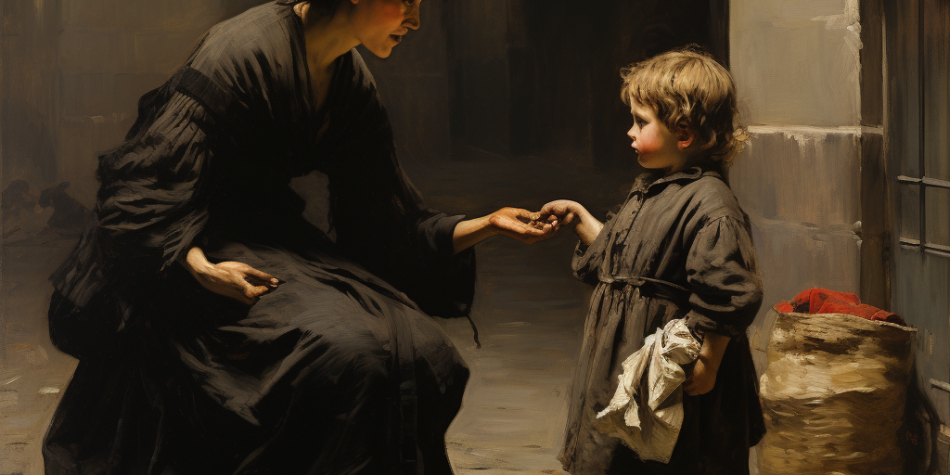 A woman gives to a begging child representing Latter-day Saint Consecration