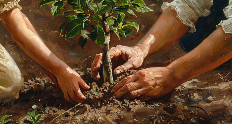 A parent and child bond over planting a tree, encapsulating quotes on gratitude for family.