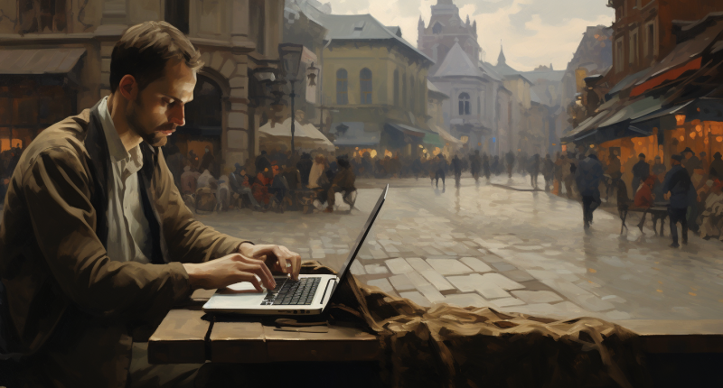 A journalist writes in a public square