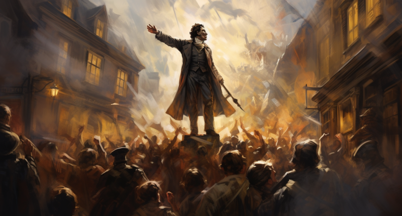 A figure amidst a bustling city crowd, illustrating revolution amid the rush of social change.