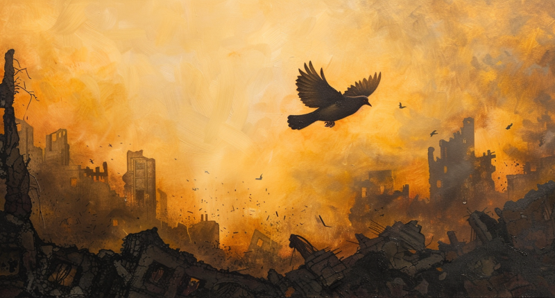 A dove symbolizes hope over the devastation of the Hamas-Israel Conflict amidst a city's ruins at dawn.