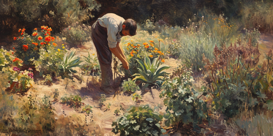 A gardener nurturing diverse plants, symbolizing the careful balance of personal revelation.