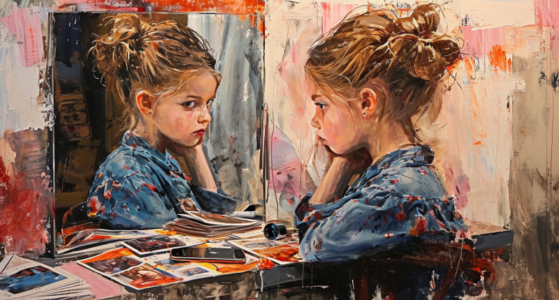 Watercolor of Child Looking at Her Reflection | Are Our Children Being Sexualized? The Evidence | Public Square Magazine | Sexualization of Children in Media | Sexualizing Children & Kids