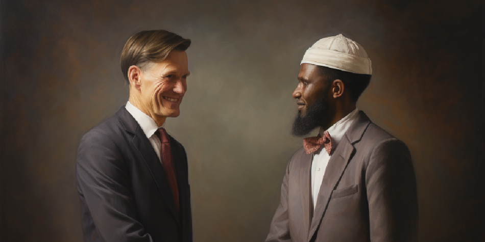 Ahmadiyya Muslim and Mormon missionary extend hands in friendship.