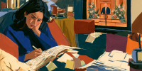 A woman watches General Conference on television while taking detailed notes and looking overwhelmed.