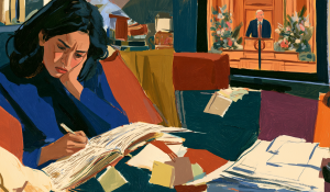 A woman watches General Conference on television while taking detailed notes and looking overwhelmed.