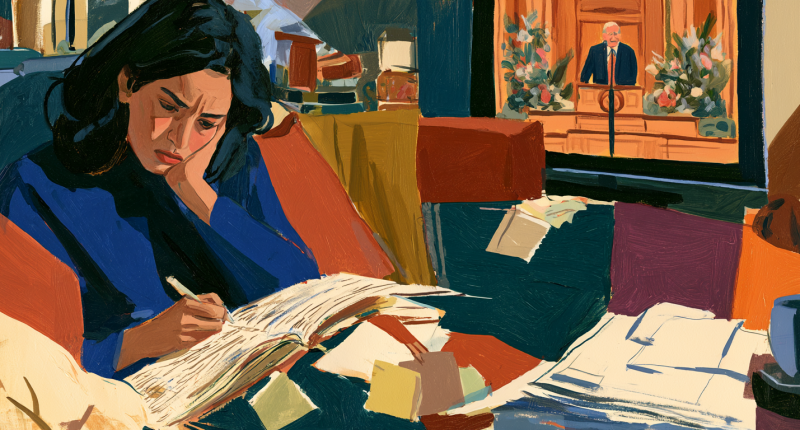 A woman watches General Conference on television while taking detailed notes and looking overwhelmed.