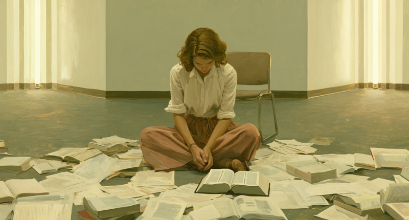 A modern Latter-day Saint woman studies difficult religious questions in a church classroom, illustrating a belief crisis, faith crisis, and gospel study. Keywords: belief crisis, faith crisis, Latter-day Saint, gospel study, Church history questions.