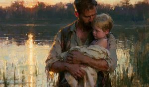 Christian fatherhood appears in a father holding his rescued child beside a lake.