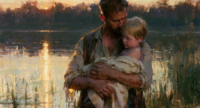 Christian fatherhood appears in a father holding his rescued child beside a lake.