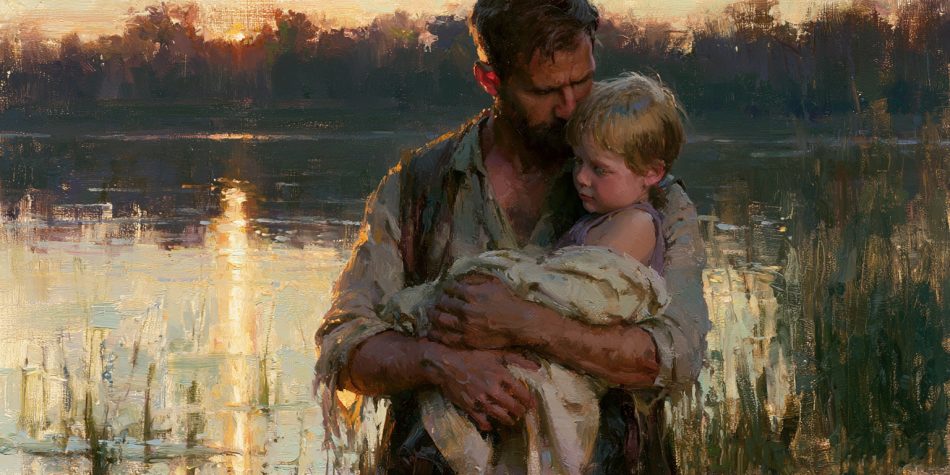 Christian fatherhood appears in a father holding his rescued child beside a lake.