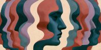 An abstract human profile emerges from repeated shapes, suggesting independent thought amid political polarization.