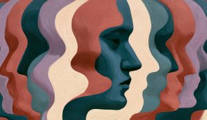 An abstract human profile emerges from repeated shapes, suggesting independent thought amid political polarization.