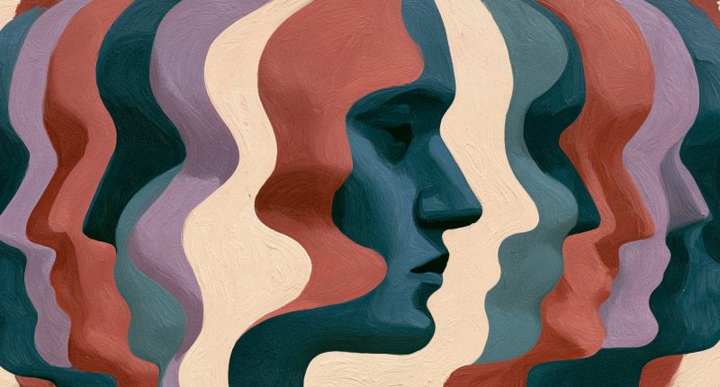 An abstract human profile emerges from repeated shapes, suggesting independent thought amid political polarization.