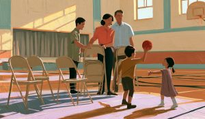 Latter-day Saint parents and a teenager clean a church cultural hall with a wide floor dust mop while two younger children play nearby.