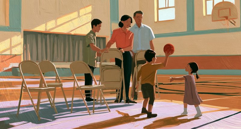 Latter-day Saint parents and a teenager clean a church cultural hall with a wide floor dust mop while two younger children play nearby.