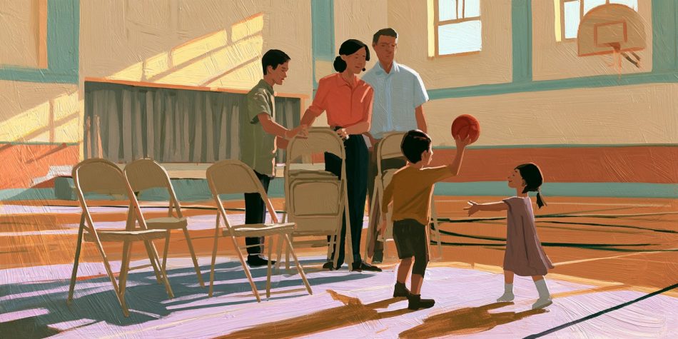 Latter-day Saint parents and a teenager clean a church cultural hall with a wide floor dust mop while two younger children play nearby.