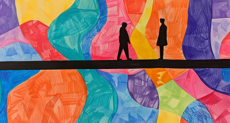 Silhouetted Figures on a Black Bridge Against a Background of Vibrant Abstract Shapes | The Religious Bigotry Mormons Face