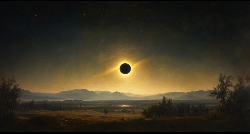 A solar eclipse over a serene landscape, symbolizing the profound and mysterious nature of grace in Christianity.