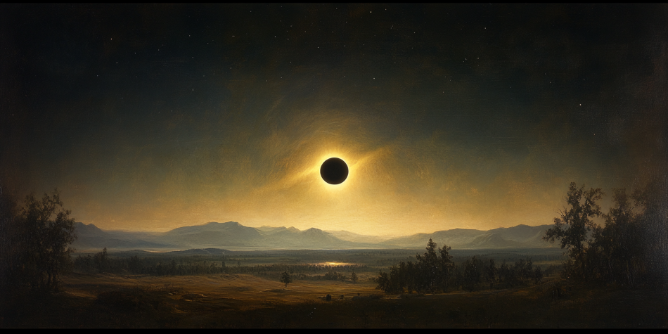 A solar eclipse over a serene landscape, symbolizing the profound and mysterious nature of grace in Christianity.