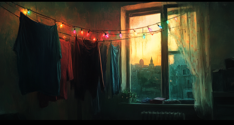 A painting in the style of Anders Zorn of a modest apartment interior with drying laundry hanging on strings, faintly lit by the glow of a string of colorful Christmas lights framed by a window showing a view of Jerusalem’s Old City.