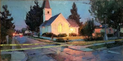 An LDS meetinghouse with a lit steeple and police tape conveys both sacredness and violation after church shootings.