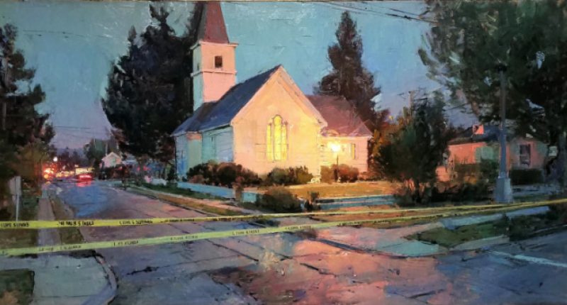 An LDS meetinghouse with a lit steeple and police tape conveys both sacredness and violation after church shootings.
