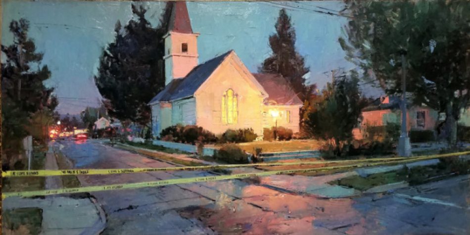 An LDS meetinghouse with a lit steeple and police tape conveys both sacredness and violation after church shootings.