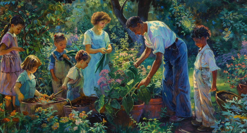 A family working together on a community project, depicting the importance of shared goals in fostering family stability.