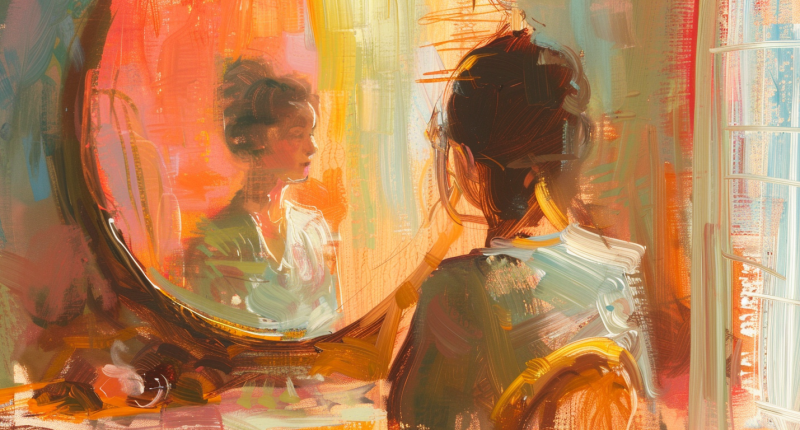 A woman contemplates her reflection in a mirror, symbolizing introspection on her own identity.