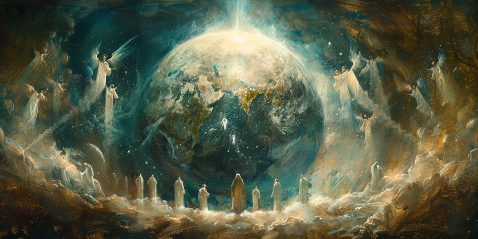 View of Earth from afar with angels and souls looking down, symbolizing the eternal soul's connection to the earthly realm.