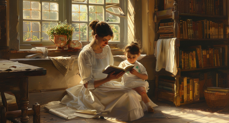 A mother passes on knowledge to her child, illustrating the power of motherhood through education.