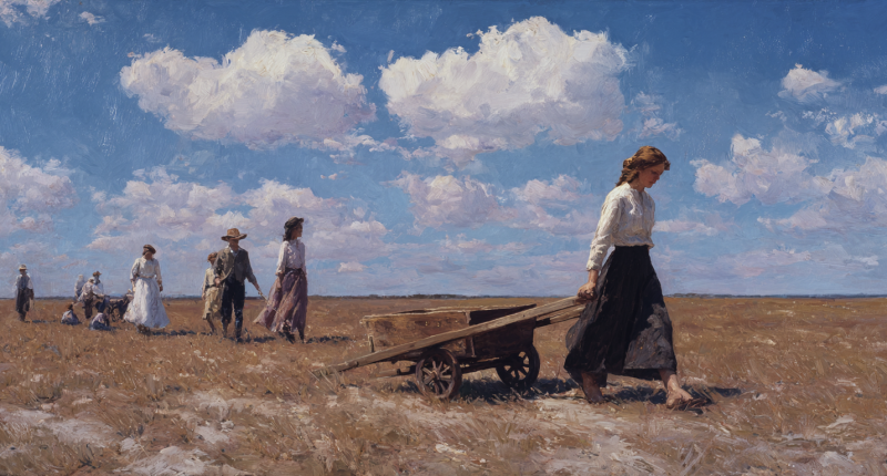 A lone youth pulls a handcart on the plains while others rest, evoking inner growth through struggle as a modern Mormon pioneer.