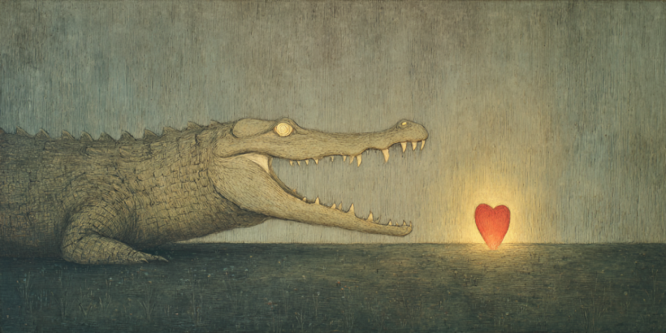 A crocodile threatening a heart symbolizes how conflict resolution strategies protect relationships from destruction.